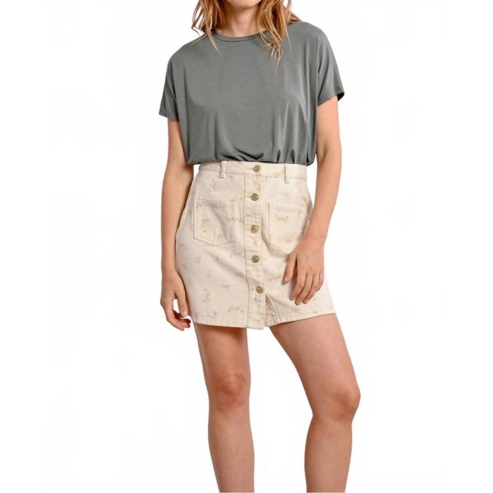 Molly Bracken Womens Floral Cottage Core Coquette Denim Mini Skirt Cream Country